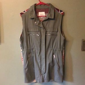 Green army vest with knit Aztec print